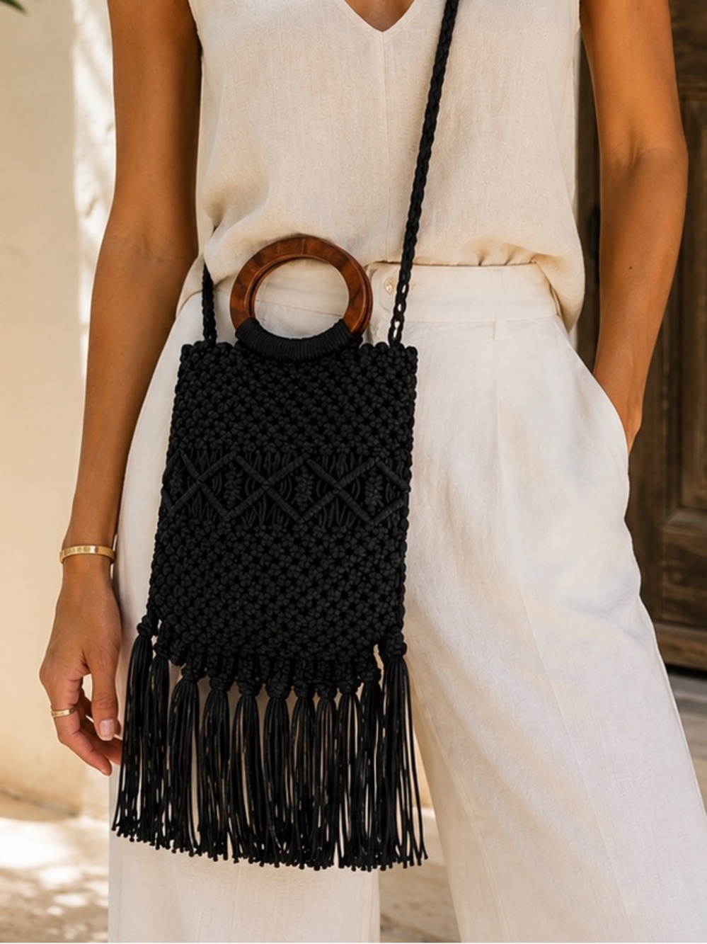 Danielle Nicole Black Macramé Fringe Crossbody Bag NWT Wooden Handles